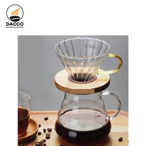 Phễu Drip V60 Thủy Tinh Giá Gỗ Quai TT-01